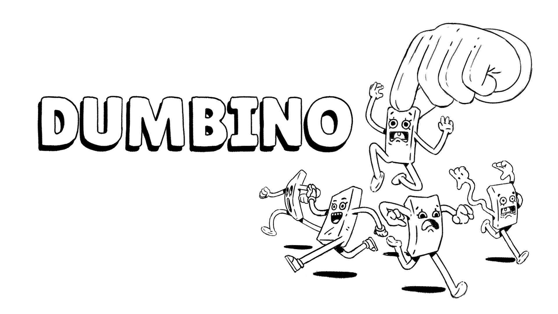 A giant hand picking a screaming domino, with other dominos running for their lives.